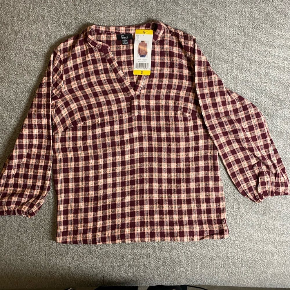 Felina Women’s Lightweight Boho Burgandy Plaid V-Neck Flowy Long Sleeve Blouse